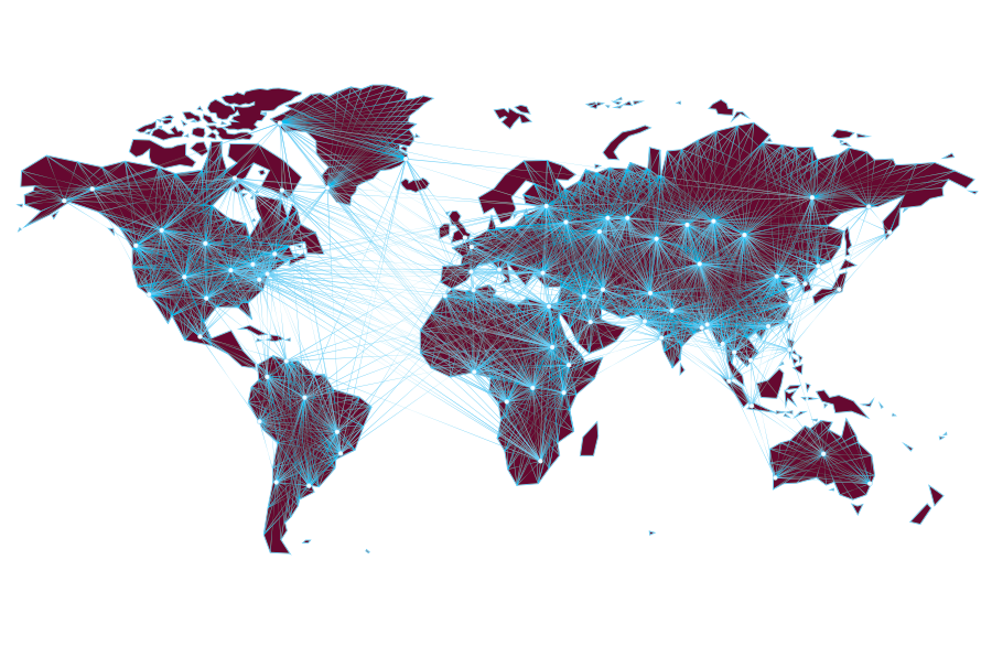 Image representing an interconnected world. Map of earth with lines between big cities.
